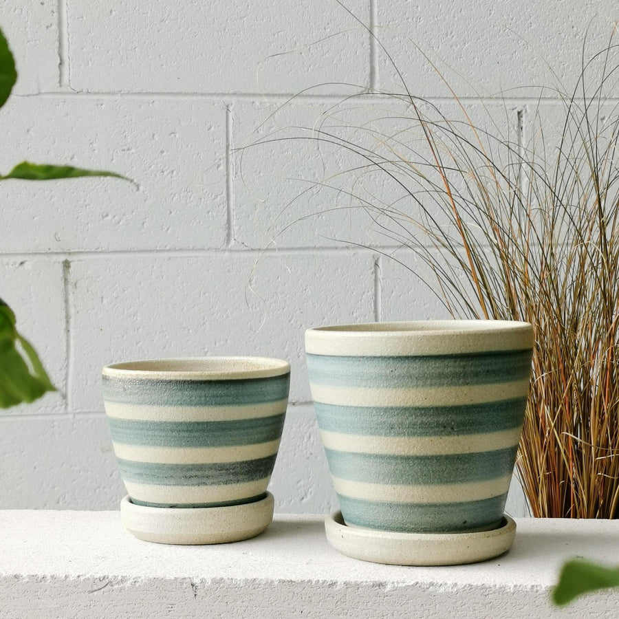 Blue Wood Fired Stripe Planter by Sandra Bowkett ブルーストライププランター（横縞）