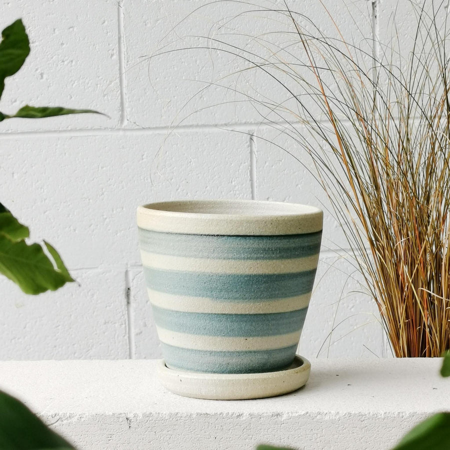 Blue Wood Fired Stripe Planter by Sandra Bowkett ブルーストライププランター（横縞）