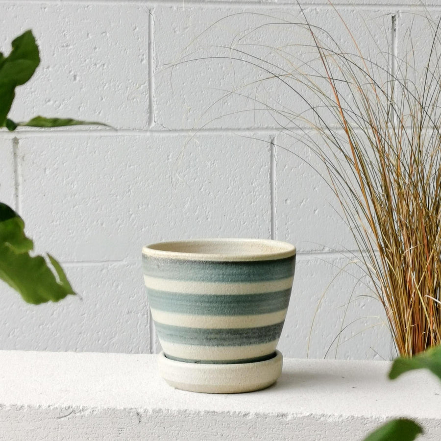 Blue Wood Fired Stripe Planter by Sandra Bowkett ブルーストライププランター（横縞）